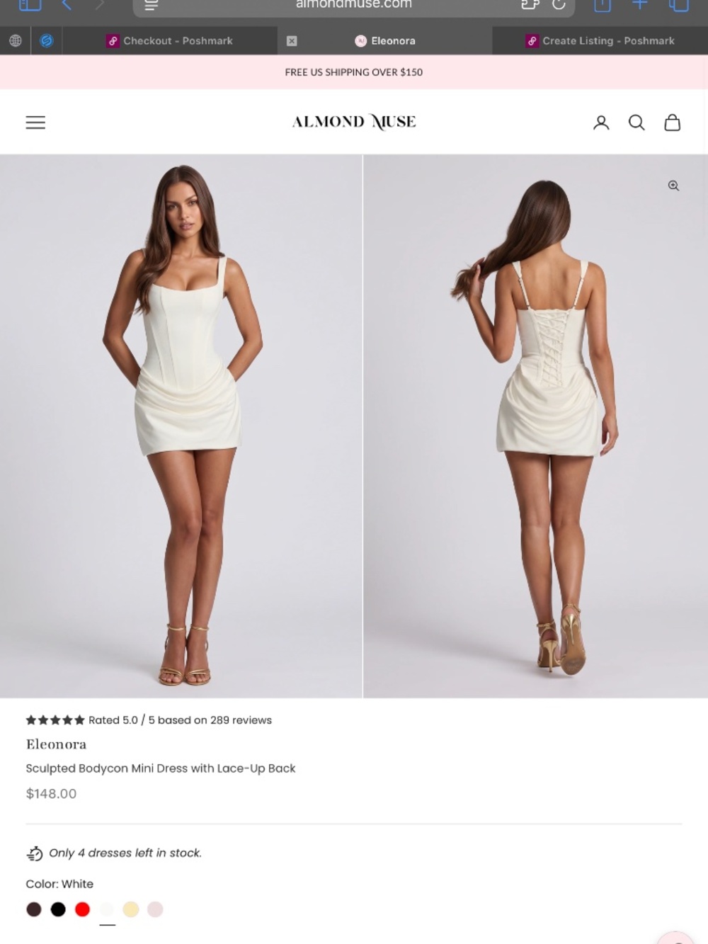 Eleonora Sculpted Bodycon Mini Dress with Lace-Up Back In white from Almond Muse